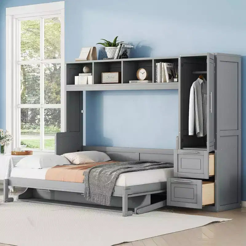CLIHOME Letto a Scomparsa Matrimoniale MDF con Armadio e 2 Cassetti