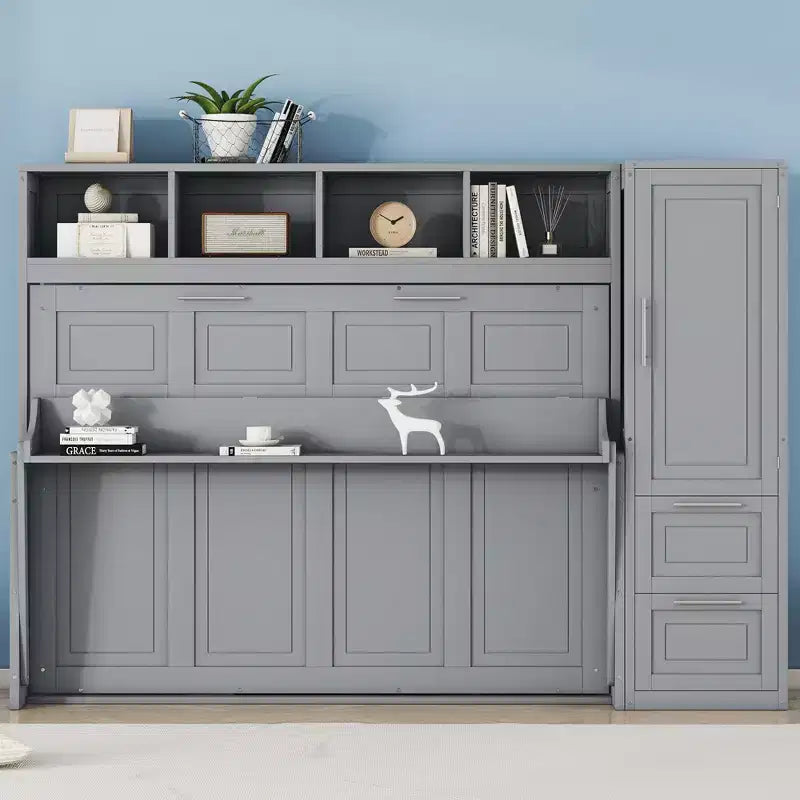 CLIHOME Letto a Scomparsa Matrimoniale MDF con Armadio e 2 Cassetti