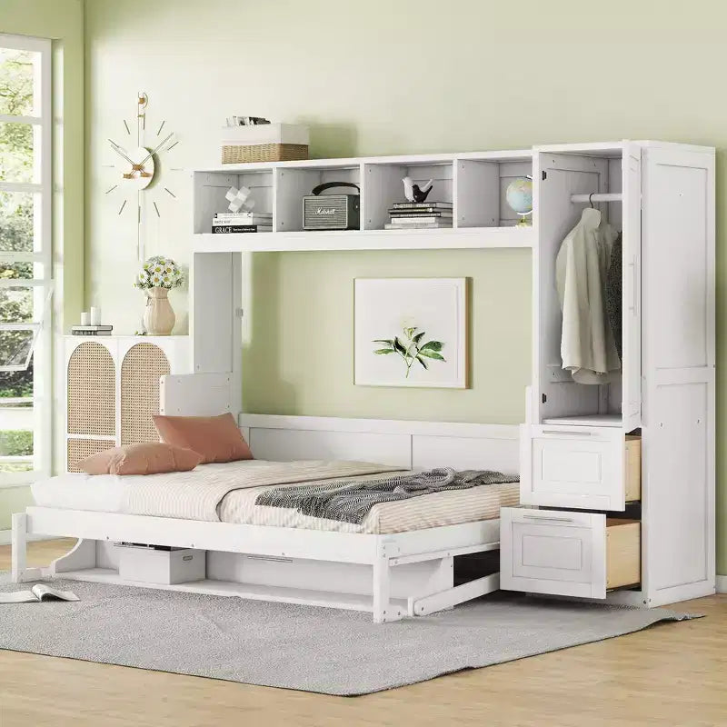CLIHOME Letto a Scomparsa Matrimoniale MDF con Armadio e 2 Cassetti