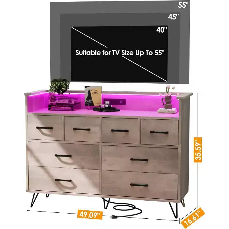 Cassettiera a 8 cassetti Zstar per camera da letto, soggiorno, ingresso con luce a LED e stazione di ricarica