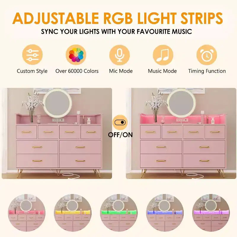 Cassettiera a 8 cassetti Zstar per camera da letto, soggiorno, ingresso con luce a LED e stazione di ricarica
