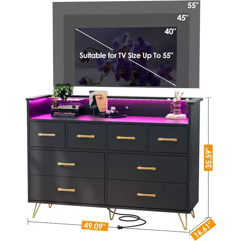 Cassettiera a 8 cassetti Zstar per camera da letto, soggiorno, ingresso con luce a LED e stazione di ricarica