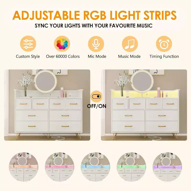 Cassettiera a 8 cassetti Zstar per camera da letto, soggiorno, ingresso con luce a LED e stazione di ricarica