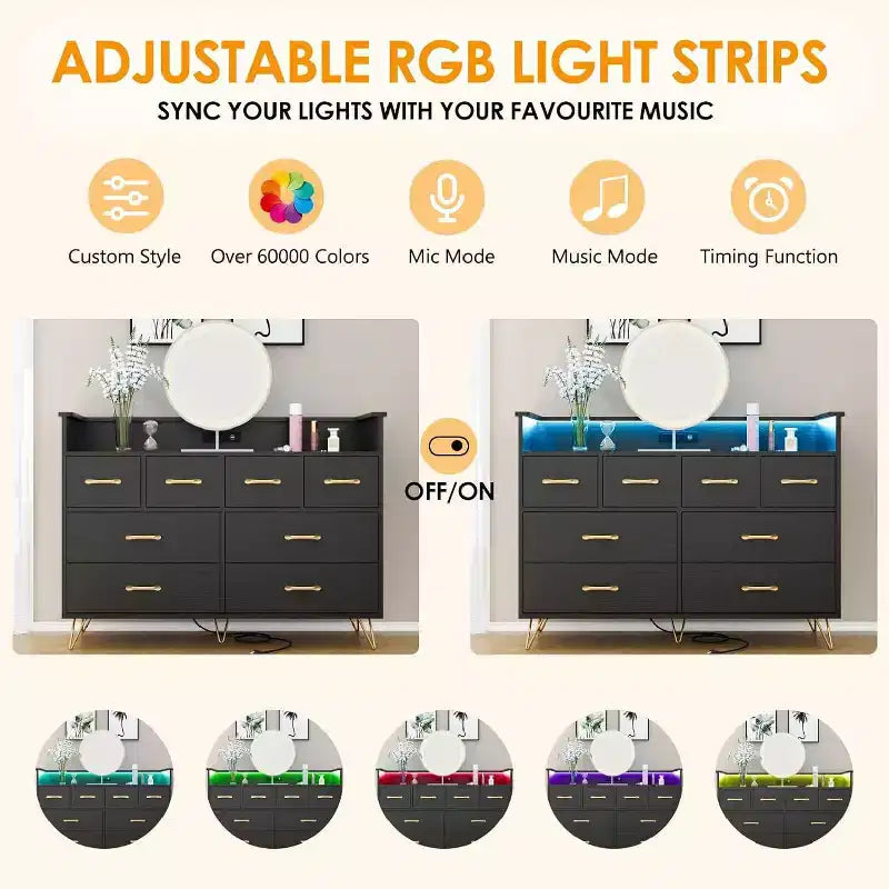 Cassettiera a 8 cassetti Zstar per camera da letto, soggiorno, ingresso con luce a LED e stazione di ricarica