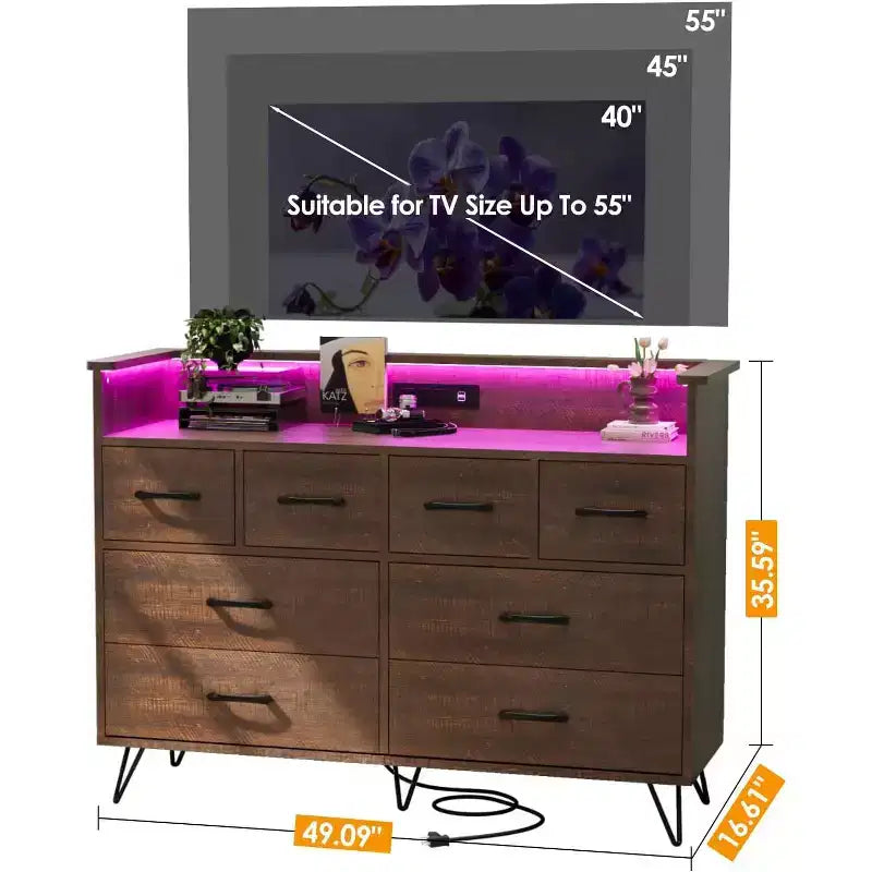 Cassettiera a 8 cassetti Zstar per camera da letto, soggiorno, ingresso con luce a LED e stazione di ricarica