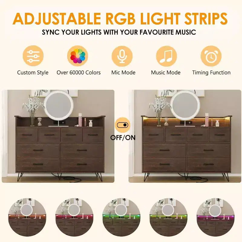 Cassettiera a 8 cassetti Zstar per camera da letto, soggiorno, ingresso con luce a LED e stazione di ricarica
