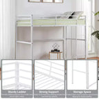 Letto a soppalco in metallo matrimoniale, Struttura letto a soppalco con ringhiere di sicurezza e scaletta piatta, Letto a soppalco singolo per bambini, ragazzi e adulti, Grigio