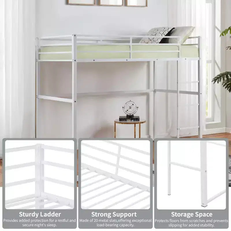 Letto a soppalco in metallo matrimoniale, Struttura letto a soppalco con ringhiere di sicurezza e scaletta piatta, Letto a soppalco singolo per bambini, ragazzi e adulti, Grigio