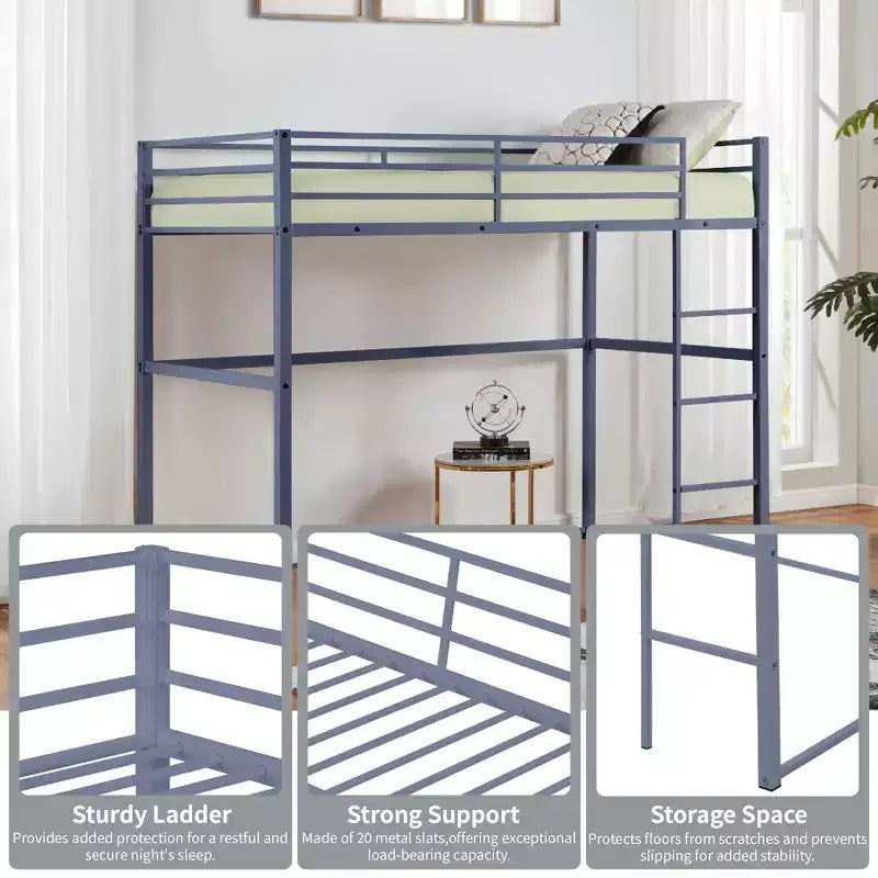 Letto a soppalco in metallo matrimoniale, Struttura letto a soppalco con ringhiere di sicurezza e scaletta piatta, Letto a soppalco singolo per bambini, ragazzi e adulti, Grigio