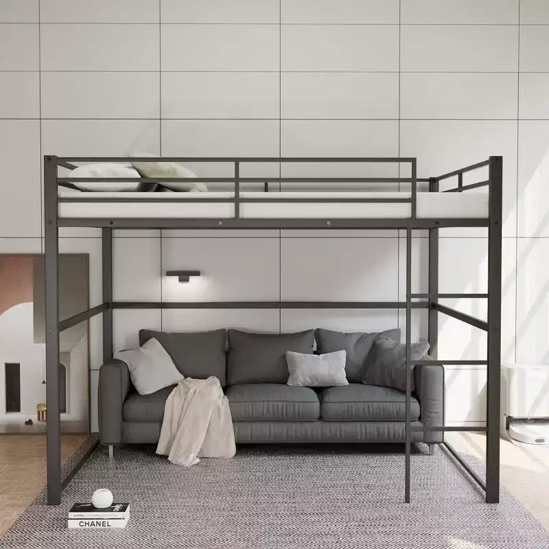 Letto a soppalco in metallo matrimoniale, Struttura letto a soppalco con ringhiere di sicurezza e scaletta piatta, Letto a soppalco singolo per bambini, ragazzi e adulti, Grigio