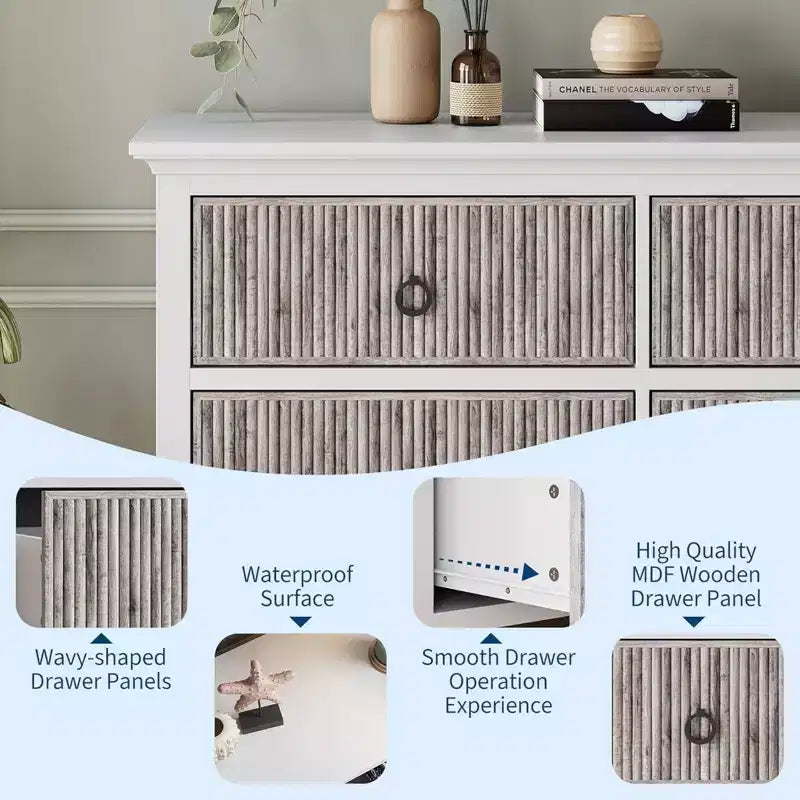 Comò GustoWave a 6 Cassetti per Camera da Letto, Cassettiera con Spazio Contenitivo e Pannelli con Scanalature a Forma d'Onda