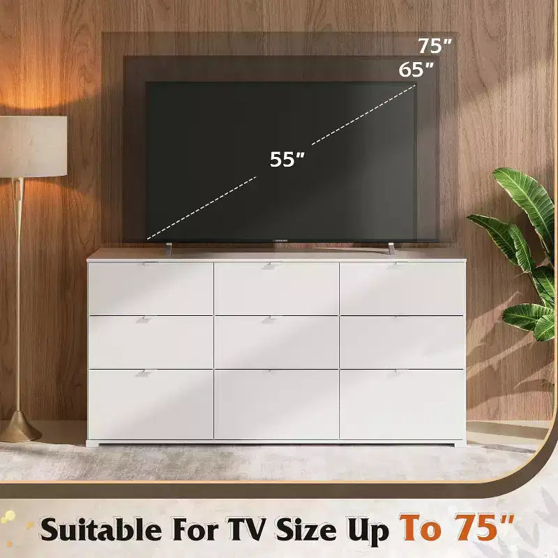 Cassettiera GALAXHERO a 9 cassetti, Comò Moderno in Legno con Maniglie in Metallo, Porta TV per TV da 75 Pollici, Organizer per Camera da Letto, Soggiorno, Ufficio