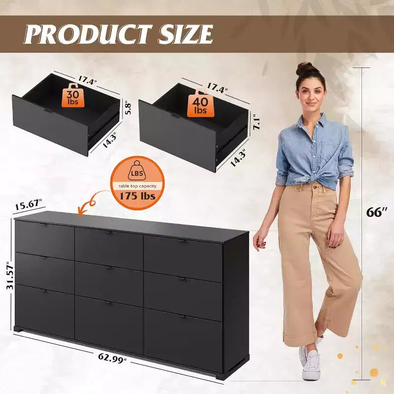 Cassettiera GALAXHERO a 9 cassetti, Comò Moderno in Legno con Maniglie in Metallo, Porta TV per TV da 75 Pollici, Organizer per Camera da Letto, Soggiorno, Ufficio