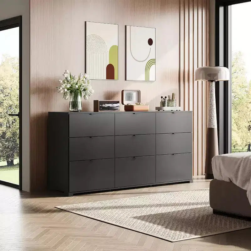 Cassettiera GALAXHERO a 9 cassetti, Comò Moderno in Legno con Maniglie in Metallo, Porta TV per TV da 75 Pollici, Organizer per Camera da Letto, Soggiorno, Ufficio