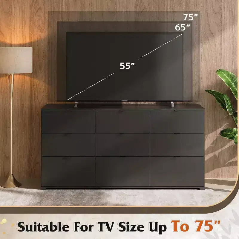 Cassettiera GALAXHERO a 9 cassetti, Comò Moderno in Legno con Maniglie in Metallo, Porta TV per TV da 75 Pollici, Organizer per Camera da Letto, Soggiorno, Ufficio