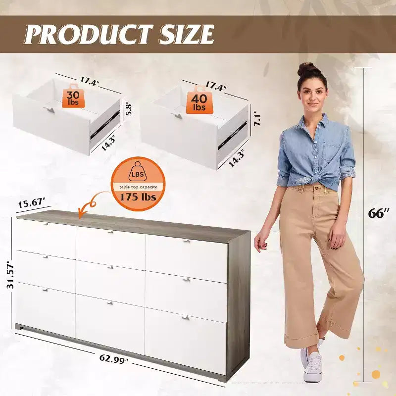 Cassettiera GALAXHERO a 9 cassetti, Comò Moderno in Legno con Maniglie in Metallo, Porta TV per TV da 75 Pollici, Organizer per Camera da Letto, Soggiorno, Ufficio