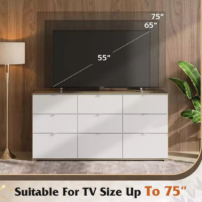 Cassettiera GALAXHERO a 9 cassetti, Comò Moderno in Legno con Maniglie in Metallo, Porta TV per TV da 75 Pollici, Organizer per Camera da Letto, Soggiorno, Ufficio