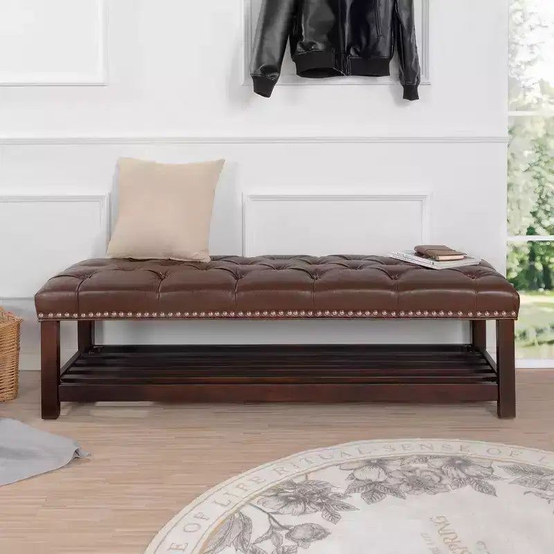 Panca ottomana Okak Modern a 2 livelli con design a rivetto e ripiano aperto, ottomana imbottita con contenitore per camera da letto, ingresso