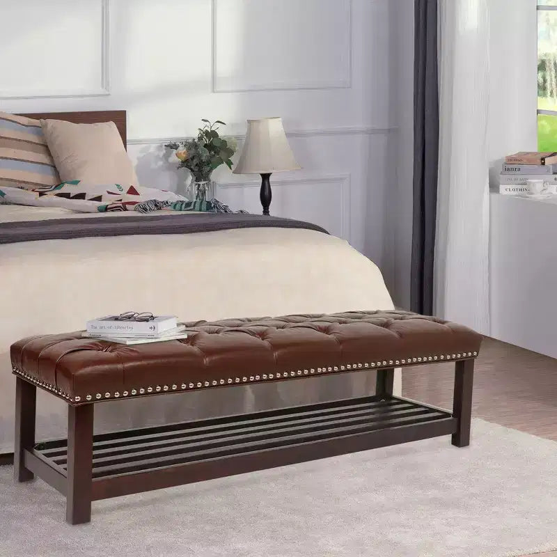Panca ottomana Okak Modern a 2 livelli con design a rivetto e ripiano aperto, ottomana imbottita con contenitore per camera da letto, ingresso