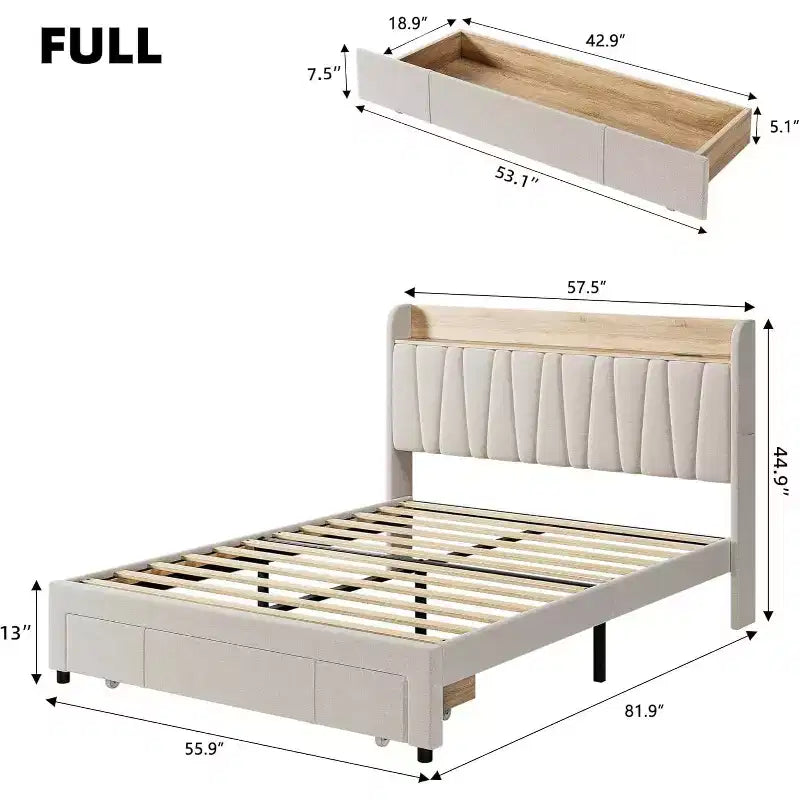 Letto imbottito con testiera contenitore e stazione di ricarica, letto a piattaforma con cassetti
