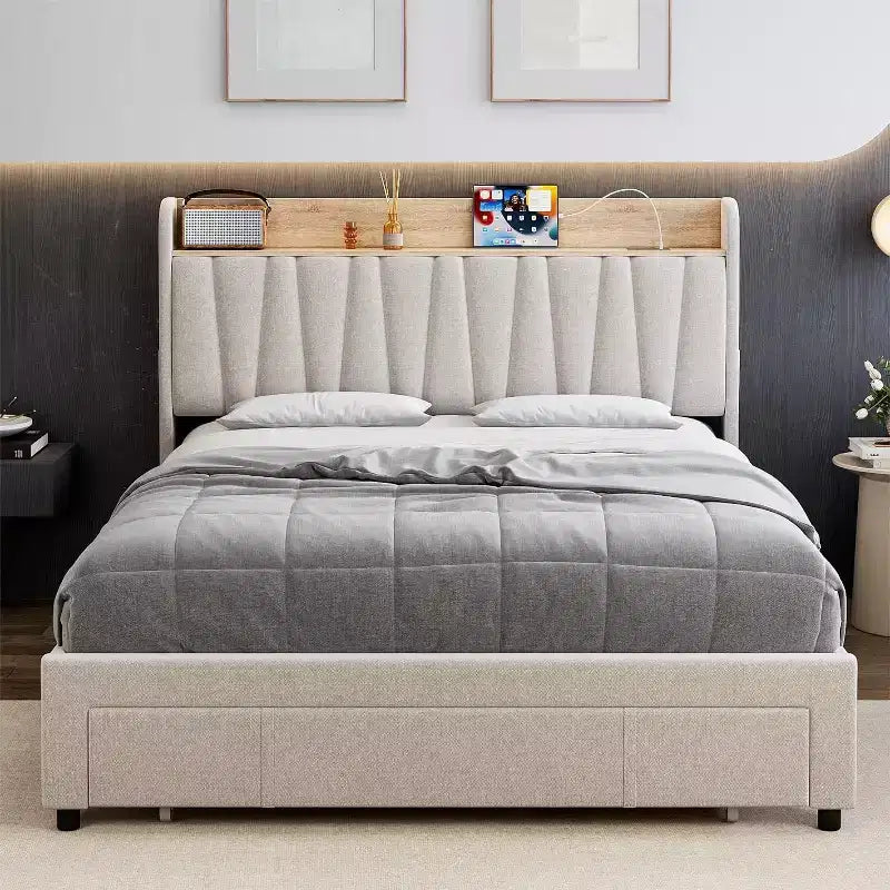 Letto imbottito con testiera contenitore e stazione di ricarica, letto a piattaforma con cassetti