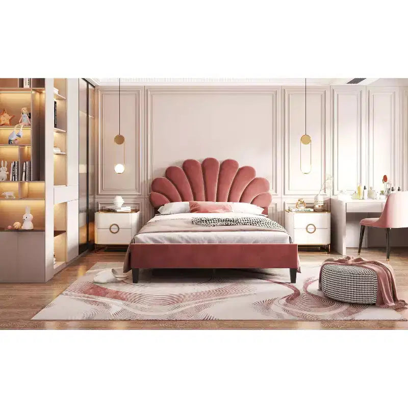 Struttura letto a piattaforma Okak per letto matrimoniale/queen size con testiera a motivi floreali, mobili da camera da letto rivestiti in velluto, robuste doghe in legno, facile da montare, senza rumore