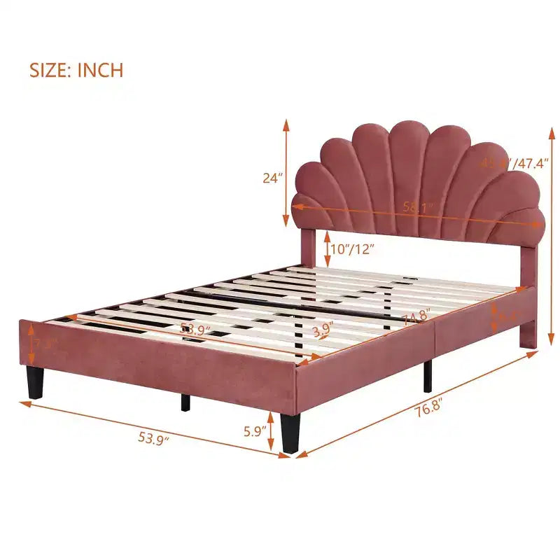 Struttura letto a piattaforma Okak per letto matrimoniale/queen size con testiera a motivi floreali, mobili da camera da letto rivestiti in velluto, robuste doghe in legno, facile da montare, senza rumore