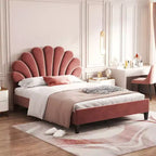 Okak Full/Queen Platform Bed Frame with Flower Pattern Headboard Velvet Upholstered Bedroom Furniture Strong Wood Slats Easy Assembly Noise-Free