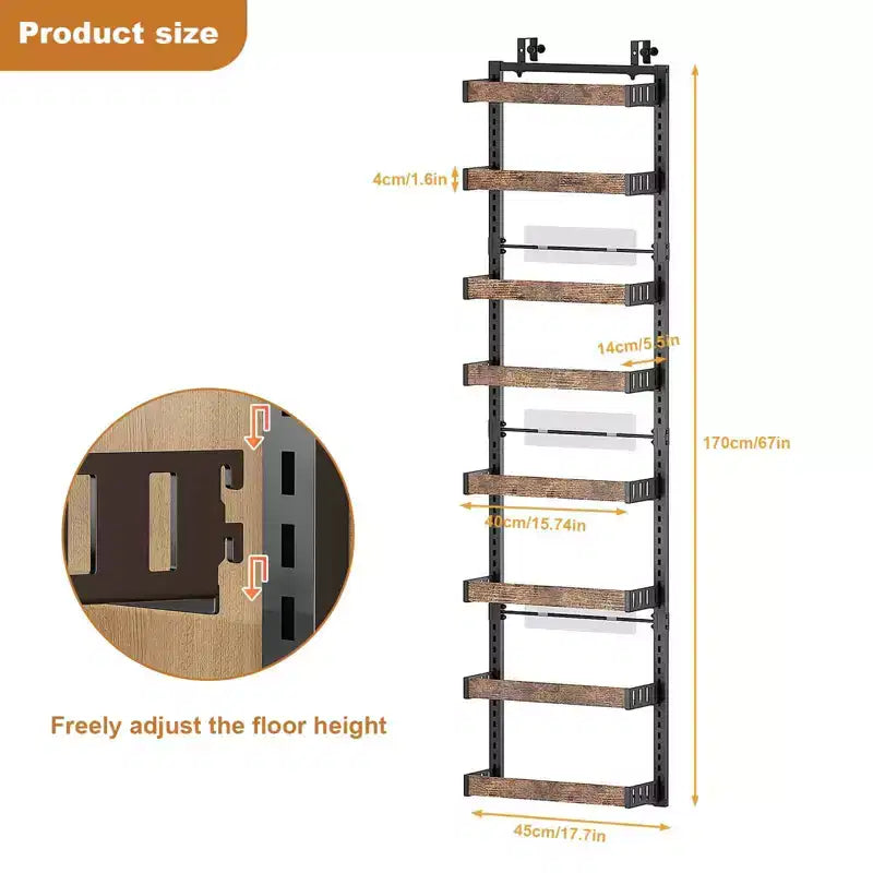 GustoWave Scaffale portaoggetti da appendere alla porta a 8 livelli, portaspezie in metallo regolabile, cestello portaoggetti da appendere alla porta per dispensa, 45x5.5x170cm