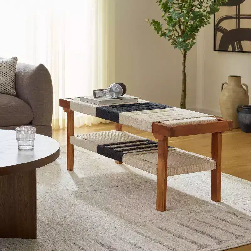 Panca Monaco con ripiano - BCH3703 - Beige Nero/Naturale - Safavieh