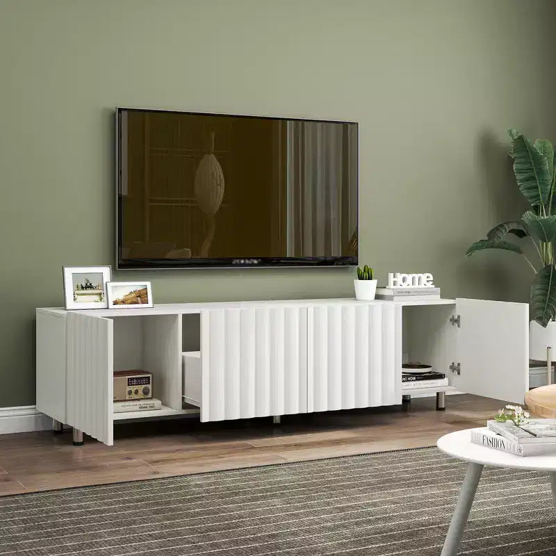 Modern TV Stand with 2 Slide-Out Drawers, White Entertainment Center Storage Console for Living Room, Durable Wood Board & Metal Leg Design