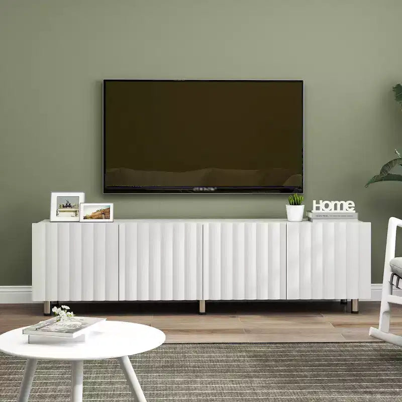 Mobile TV moderno con 2 cassetti estraibili, console portaoggetti bianca per soggiorno, design robusto in legno e gambe in metallo