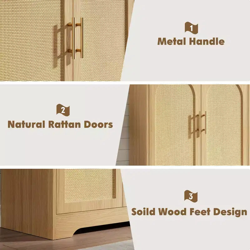 Madia per Porta in Rattan con Ripiani, Mobile Contenitore Moderno a Buffet per Sala da Pranzo, Soggiorno, Ingresso o Cucina