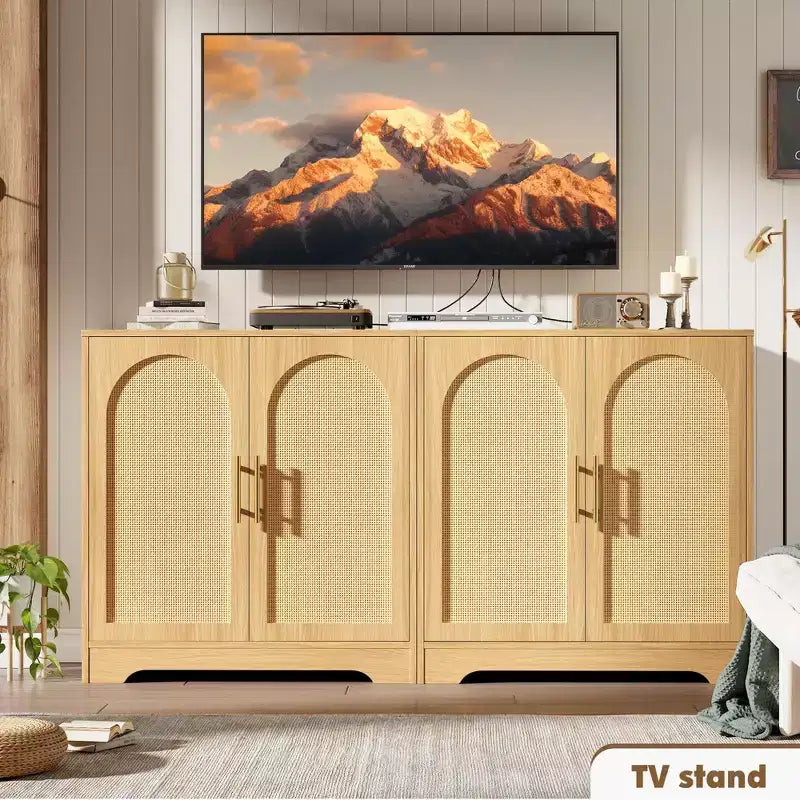 Madia per Porta in Rattan con Ripiani, Mobile Contenitore Moderno a Buffet per Sala da Pranzo, Soggiorno, Ingresso o Cucina