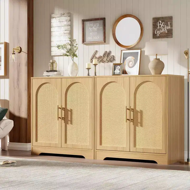 Madia per Porta in Rattan con Ripiani, Mobile Contenitore Moderno a Buffet per Sala da Pranzo, Soggiorno, Ingresso o Cucina