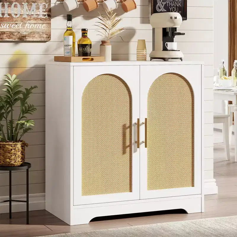 Madia per Porta in Rattan con Ripiani, Mobile Contenitore Moderno a Buffet per Sala da Pranzo, Soggiorno, Ingresso o Cucina