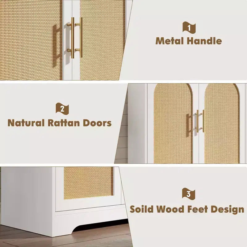 Madia per Porta in Rattan con Ripiani, Mobile Contenitore Moderno a Buffet per Sala da Pranzo, Soggiorno, Ingresso o Cucina