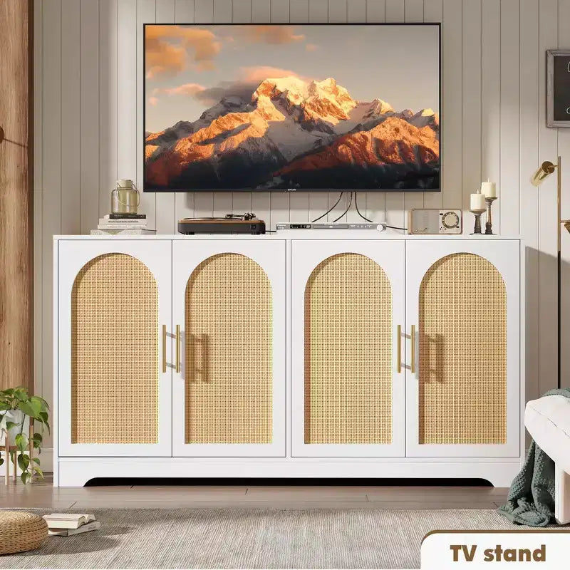 Madia per Porta in Rattan con Ripiani, Mobile Contenitore Moderno a Buffet per Sala da Pranzo, Soggiorno, Ingresso o Cucina