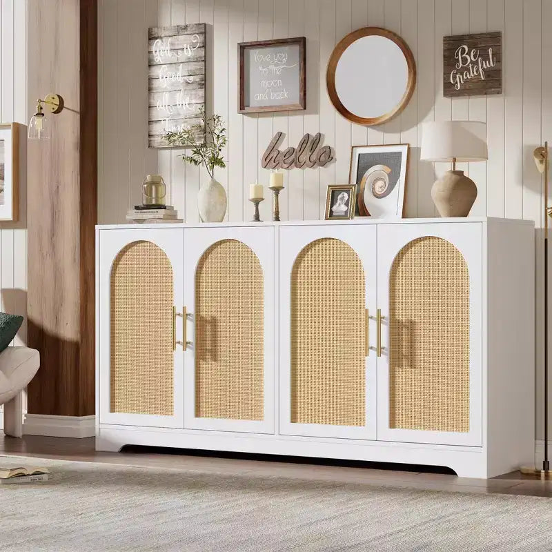 Madia per Porta in Rattan con Ripiani, Mobile Contenitore Moderno a Buffet per Sala da Pranzo, Soggiorno, Ingresso o Cucina