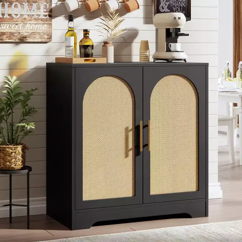 Madia per Porta in Rattan con Ripiani, Mobile Contenitore Moderno a Buffet per Sala da Pranzo, Soggiorno, Ingresso o Cucina