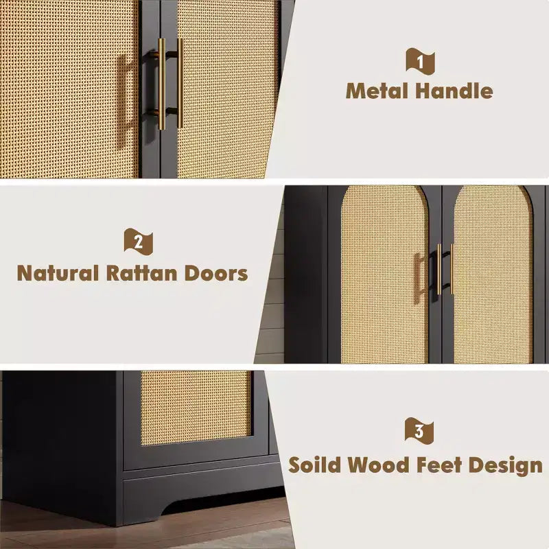Madia per Porta in Rattan con Ripiani, Mobile Contenitore Moderno a Buffet per Sala da Pranzo, Soggiorno, Ingresso o Cucina