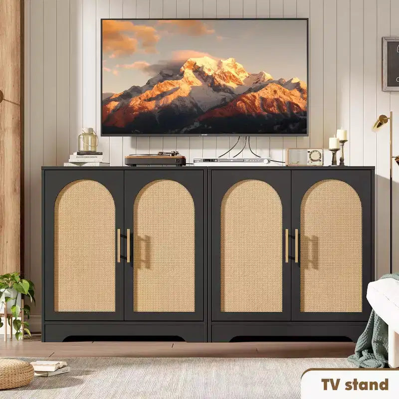 Madia per Porta in Rattan con Ripiani, Mobile Contenitore Moderno a Buffet per Sala da Pranzo, Soggiorno, Ingresso o Cucina