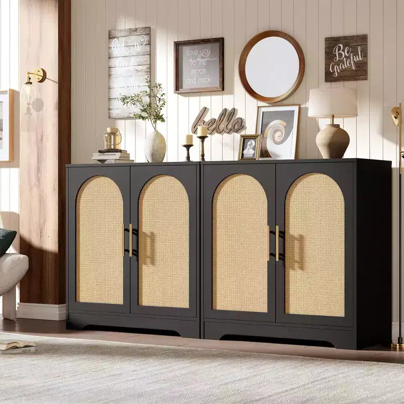 Madia per Porta in Rattan con Ripiani, Mobile Contenitore Moderno a Buffet per Sala da Pranzo, Soggiorno, Ingresso o Cucina