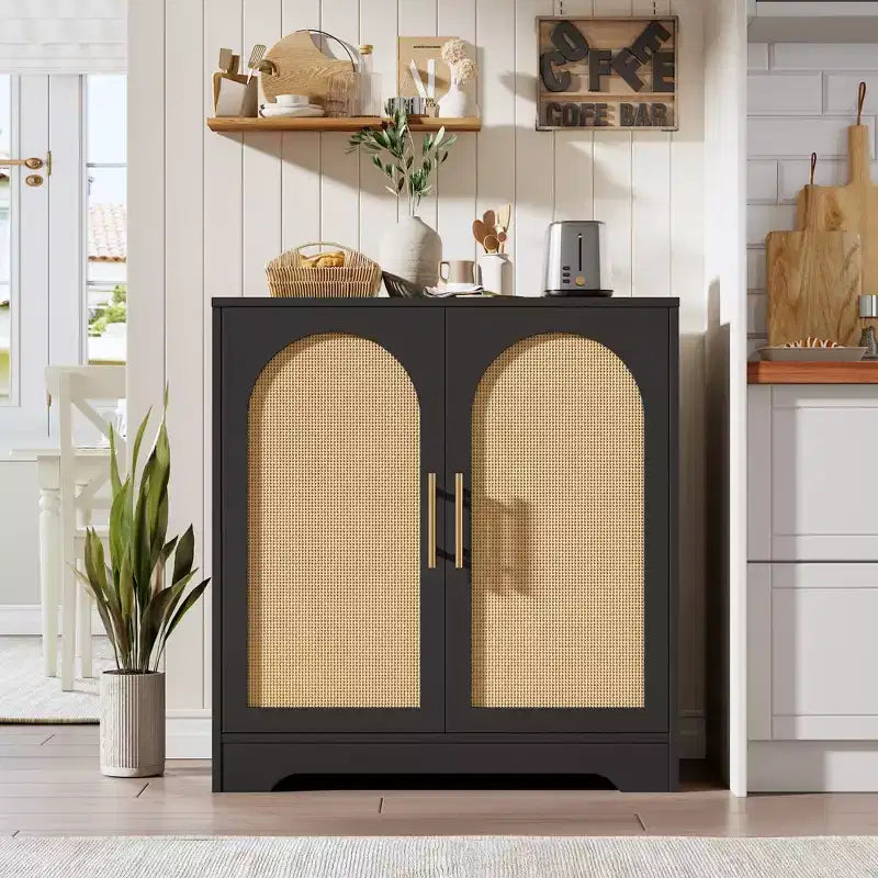 Rattan Door Sideboard Cabinet with Shelves, Modern Buffet Storage Console Table for Dining Room, Living Room, Entryway or Kitchen