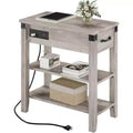 Side Table with Charging Station, 3-Tier Narrow Side Table with Drawer and Storage Side Table, Wooden Side Table for Living Room, Bedroom, Office