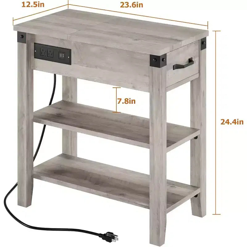 Tavolino laterale con stazione di ricarica, tavolino stretto a 3 ripiani con cassetto e spazio contenitore, tavolino in legno per soggiorno, camera da letto, ufficio