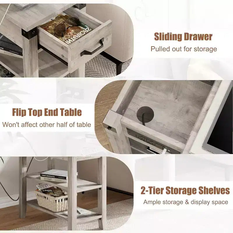 Tavolino laterale con stazione di ricarica, tavolino stretto a 3 ripiani con cassetto e spazio contenitore, tavolino in legno per soggiorno, camera da letto, ufficio