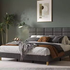 Linen Upholstered Platform Bed Frame with Height Adjustable Headboard, Metal Frame Twin Bed Frame with Strong Wood Slats and Support Legs