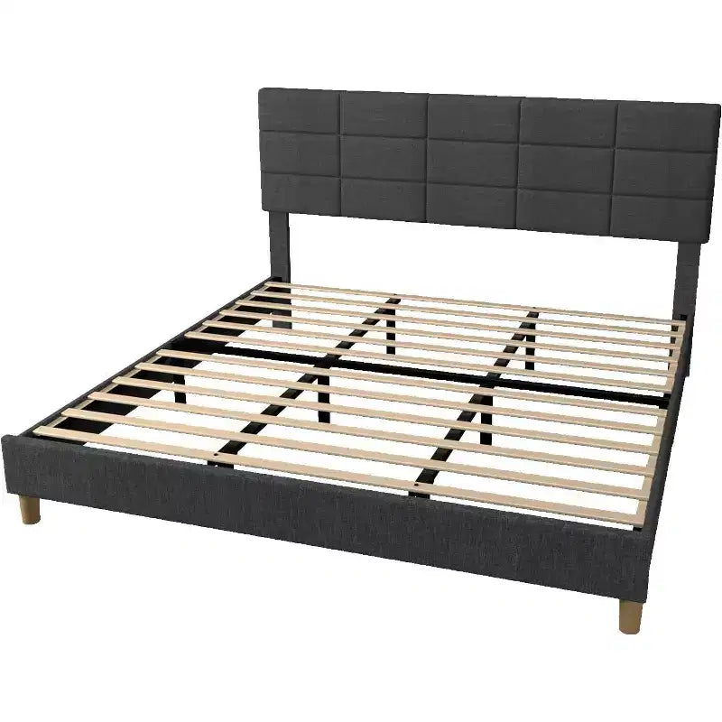 Letto a Piattaforma Rivestito in Lino con Testiera Regolabile in Altezza, Struttura Letto Singolo in Metallo con Robuste Doghe in Legno e Gambe di Supporto