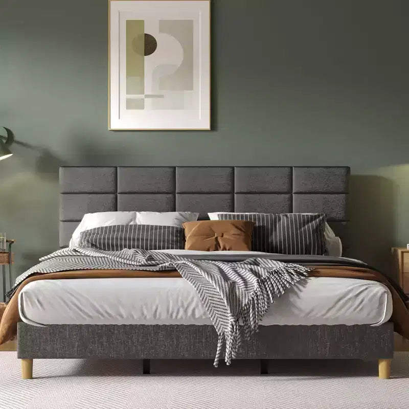Letto a Piattaforma Rivestito in Lino con Testiera Regolabile in Altezza, Struttura Letto Singolo in Metallo con Robuste Doghe in Legno e Gambe di Supporto
